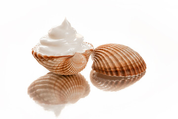 body cream or foam in a sea shell on a white reflective background, the concept of skin care, SPA procedures, massage and relaxation