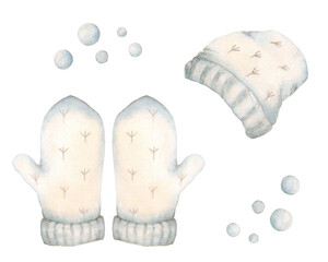 Winter clothes. Set of pink cap and mittens. Hand-drawn Illustration isolated on white background