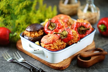 Tomatoes, eggplant and bell peppers stuffed with rice and minced meat, baked in the oven. Organic healthy food.