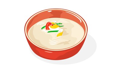 Red bowl of Kongguksu. Seasonal Korean noodle dish served in cold soy milk broth. Refreshing korean soup with egg, greenery and tomato, cucumber strips for hot summer days. Vector isolated on white.