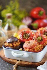 Tomatoes, eggplant and bell peppers stuffed with rice and minced meat, baked in the oven. Organic healthy food.
