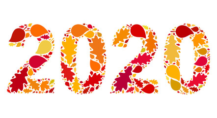 2020 Year Digits mosaic icon done for fall season. Vector 2020 year digits mosaic is done of scattered fall maple and oak leaves. Mosaic autumn leaves in bright gold, brown and red colors.