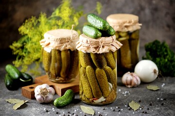 Homemade pickled cucumbers with dill, bay leaves, onions and garlic.