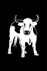 vector ox on black background, graphical engraved illustration