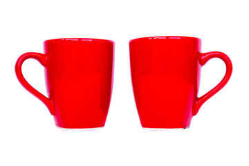 Red mug. Two red cups isolated on a white background.