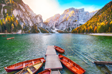 Amazing scenery of famous alpine lake Braies at autumn