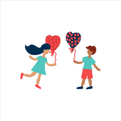 Obraz na płótnie Canvas Illustration of a postcard with a guy and a girl giving balloons for the day of Love. Two people in love, hearts and symbols of love, the concept of a date, for Valentine's day. Vector illustration
