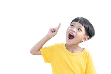 Little asian boy thinking and pointing finger up. Asian Child looking up and surprised isolated on white background. © lllonajalll