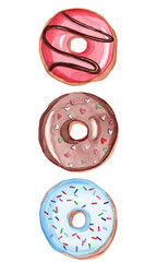 Fototapeta premium watercolor hand drawn red and blue round glazed donuts with chocolate set isolated on white background