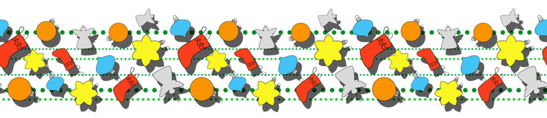 New years pattern with a Christmas toys, consisting of a Christmas sock, ball, star, angel with white background. Ideal lines for poster, sale, greeting cards, product, print.