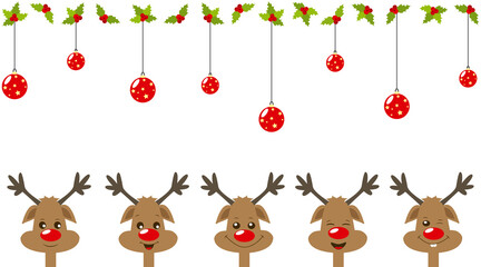  Christmas card of five cute reindeer. Isolated on white background. 