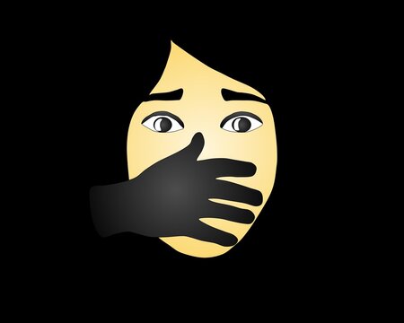 Vector Illustration of a Hand covering Woman Mouth. Concept for Kidnapping or Domestic Violence.