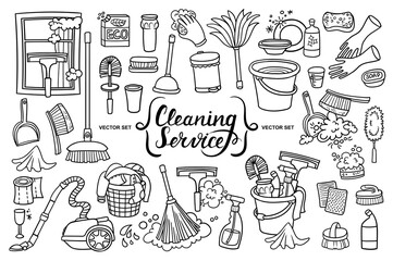 Vector set with hand drawn doodles on the theme of cleaning services, putting things in order, purity. Cartoon sketches - 383124918