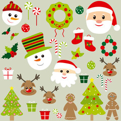 Set of Christmas element with Santa, snowman, tree, candy cane and other.