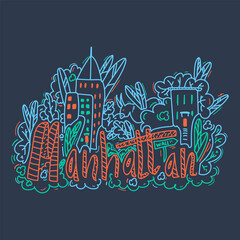 Vector lettering of Manhattan new York USA. Flat hand-drawn illustration on a dark background in cartoon style. Attractions in the United States States, cities, districts, tourist places clipart hand