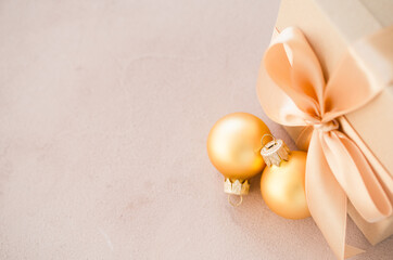 Fototapeta na wymiar Christmas luxurious gift box with christmas balls. Elegant Christmas background.