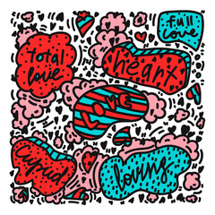 Background about love drawn in the style of Doodle. Lettering is done by hand: Love, Heart, Loving, Cupid. Vector illustration dedicated to Valentine's day. Vector illustration