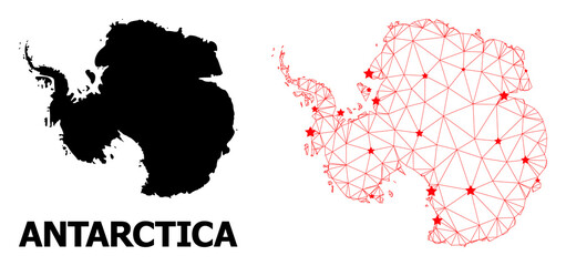 Wire frame polygonal and solid map of Antarctica. Vector structure is created from map of Antarctica with red stars. Abstract lines and stars form map of Antarctica.
