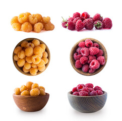 Raspberry isolation. Yellow and red raspberries isolated on white background. Yellow and red raspberry with copy space for text. Set of yellow raspberry from different angles.Top view.
