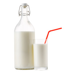 Glass bottle and cup of fresh milk isolated