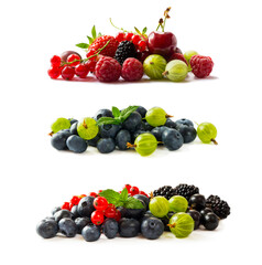 Fruits, berries isolated on white background. Fruits  with copy space for text. Currant, blueberry, strawberry, cherry, gooseberry, mulberry, raspberry, backberry. Mixed berries isolated on white. 