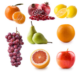 apple, pear, grape, mandarin, orange, grapefruit, pomegranate and lemon isolated. Autumn fruits with copy space for text. fruits from the autumn blues, isolated. Antiviral treatment. Virus prevention.