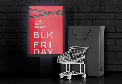 Black Friday Poster Mockup on Black Brick Wall