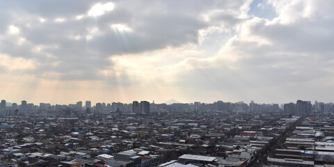 Santiago de Chile sunset. A beautiful panoramic view of the skyline, moderns and classics buildings...