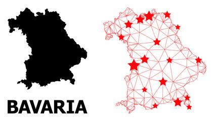 Obraz premium Wire frame polygonal and solid map of Bavaria State. Vector model is created from map of Bavaria State with red stars. Abstract lines and stars are combined into map of Bavaria State.