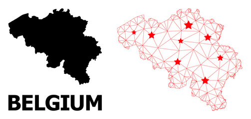 Obraz premium Wire frame polygonal and solid map of Belgium. Vector structure is created from map of Belgium with red stars. Abstract lines and stars form map of Belgium.