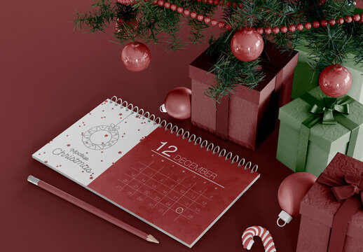 Calendar with Christmas Tree and Gift Box Mockup