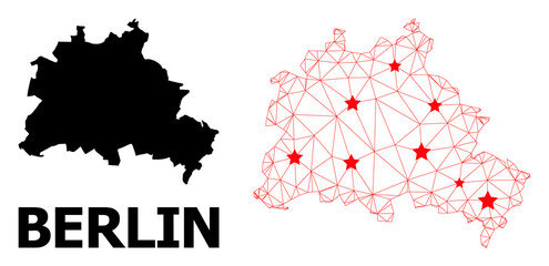 Obraz premium Mesh polygonal and solid map of Berlin City. Vector structure is created from map of Berlin City with red stars. Abstract lines and stars form map of Berlin City.