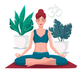 Woman sitting in lotus position practicing meditation. Yoga girl vector flat illustration.