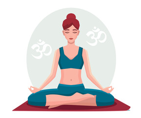 Woman sitting in lotus position practicing meditation. Yoga girl vector flat illustration.