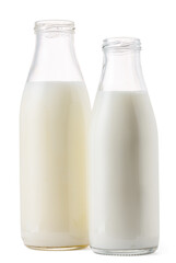 Open glass bottle of milk isolated on white