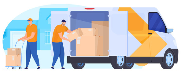 Delivery service. Couriers unload parcels from the car. Vector illustration
