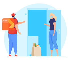 Delivery service. The courier in a mask leaves the parcel at the door, contactless transfer of parcels, quarantine. Vector illustration