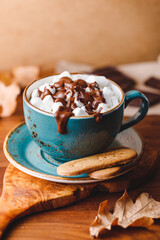 Close-up of hot chocolate with marshmallows on the table. Autumn or winter cozy still life.