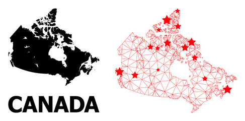Carcass polygonal and solid map of Canada. Vector structure is created from map of Canada with red stars. Abstract lines and stars are combined into map of Canada.