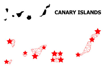 Network polygonal and solid map of Canary Islands. Vector model is created from map of Canary Islands with red stars. Abstract lines and stars are combined into map of Canary Islands.