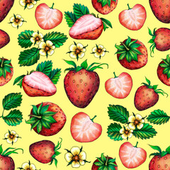 Seamless texture of ripe berries in colored pencil. Set with strawberries, whole and slices with green leaves and inflorescences.