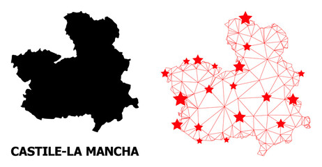 Wire frame polygonal and solid map of Castile-La Mancha Province. Vector structure is created from map of Castile-La Mancha Province with red stars.