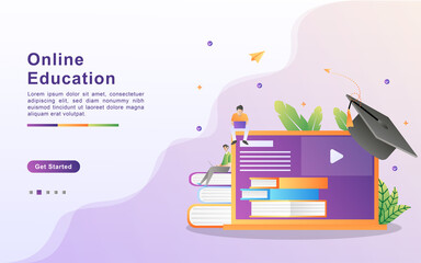 Online education concept. E Learning and online course, Online training courses, internet studying, university studies. Can use for web landing page, banner, mobile app. Vector illustration