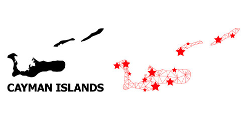 Network polygonal and solid map of Cayman Islands. Vector structure is created from map of Cayman Islands with red stars. Abstract lines and stars form map of Cayman Islands.