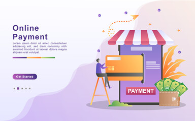 Fototapeta premium Online payment concept vector illustration. mobile payment or money transfer concept. E-commerce market shopping online illustration with tiny people character. Template for landing page, banner, ui.