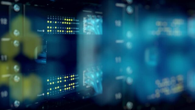 Super computer server racks in datacenter,concept of big data storage and mining cryptocurrency. Network routers of ISP. Many wires connect to the network interfaces of powerful Internet servers