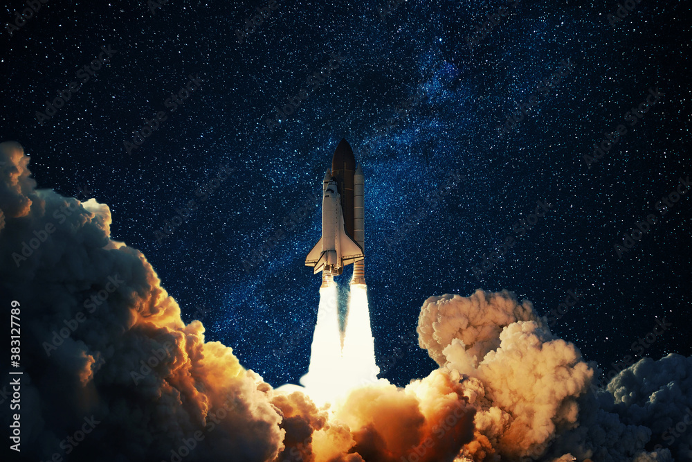 Poster rocket takes off in the starry sky. spaceship begins the mission. space shuttle taking off on a plan