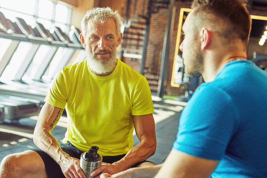 Resting after workout. Focused middle aged man in sportswear holding bottle of water and talking with fitness instructor at gym or sport club