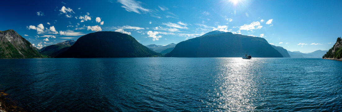EIDSDAL, NORWAY - AUGUST, 17, 2020: Ferry crossing between Linge and Eidsdal on the scenic Route 63 across the Tafjorden