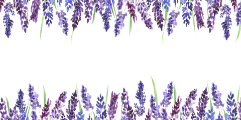 Watercolor frame with lavender flowers. Lilac lavender flowers on a white background. Illustration for postcards, banners, birthdays, weddings, gifts, decor. © Vasia_illi